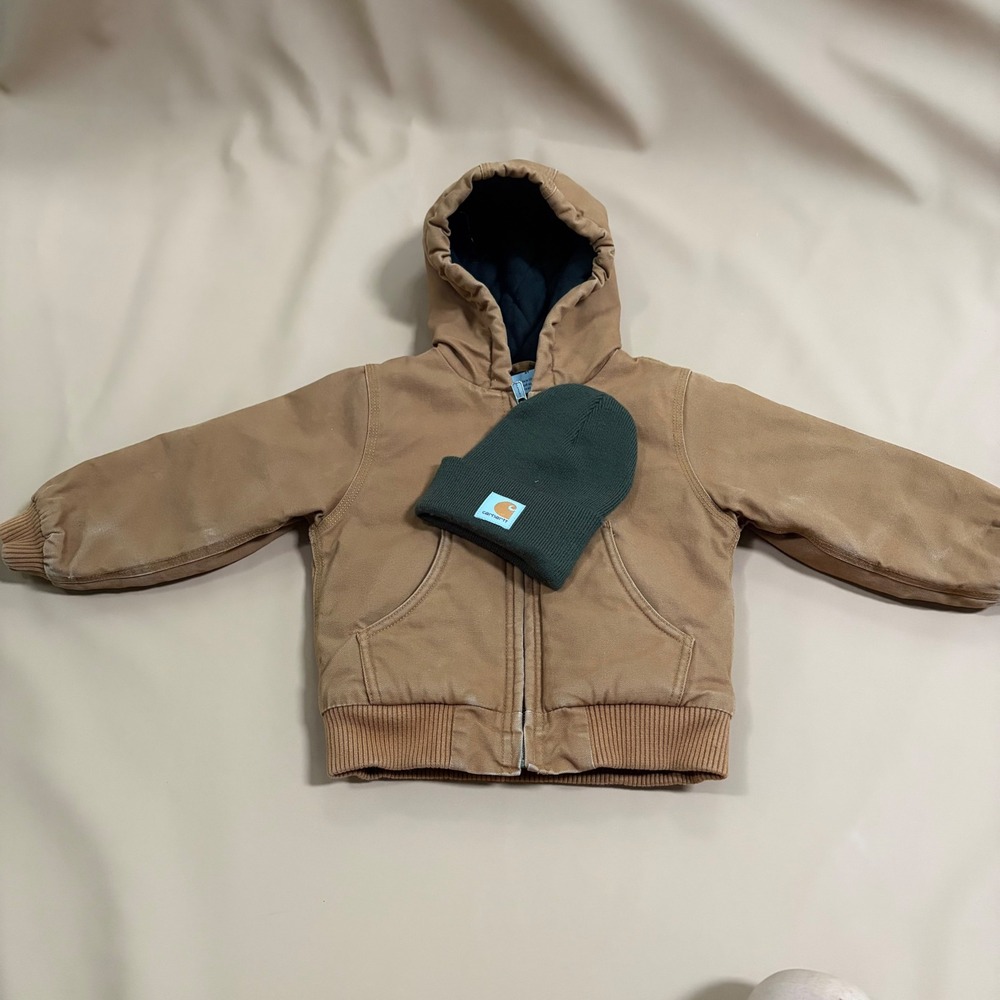 Carhartt Kids 3T Brown Duck Canvas Quilted Active Jacket & Green Beanie Hat RIP
